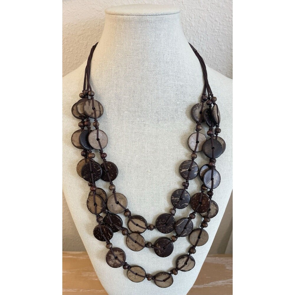 Coconut Shell Multi Strand Cord Statement Necklace with Toggle Closure